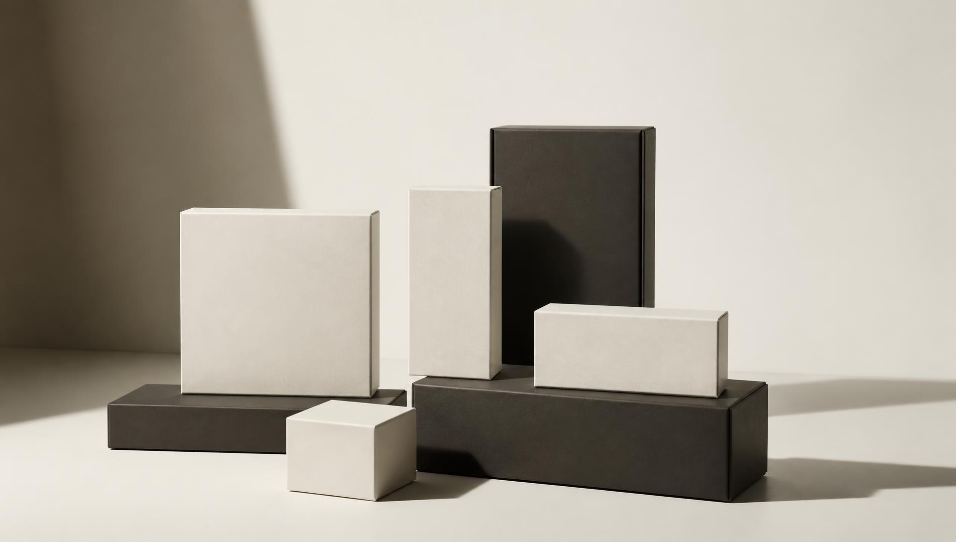 Minimal arrangement of unbranded product packaging boxes in off-white and charcoal tones