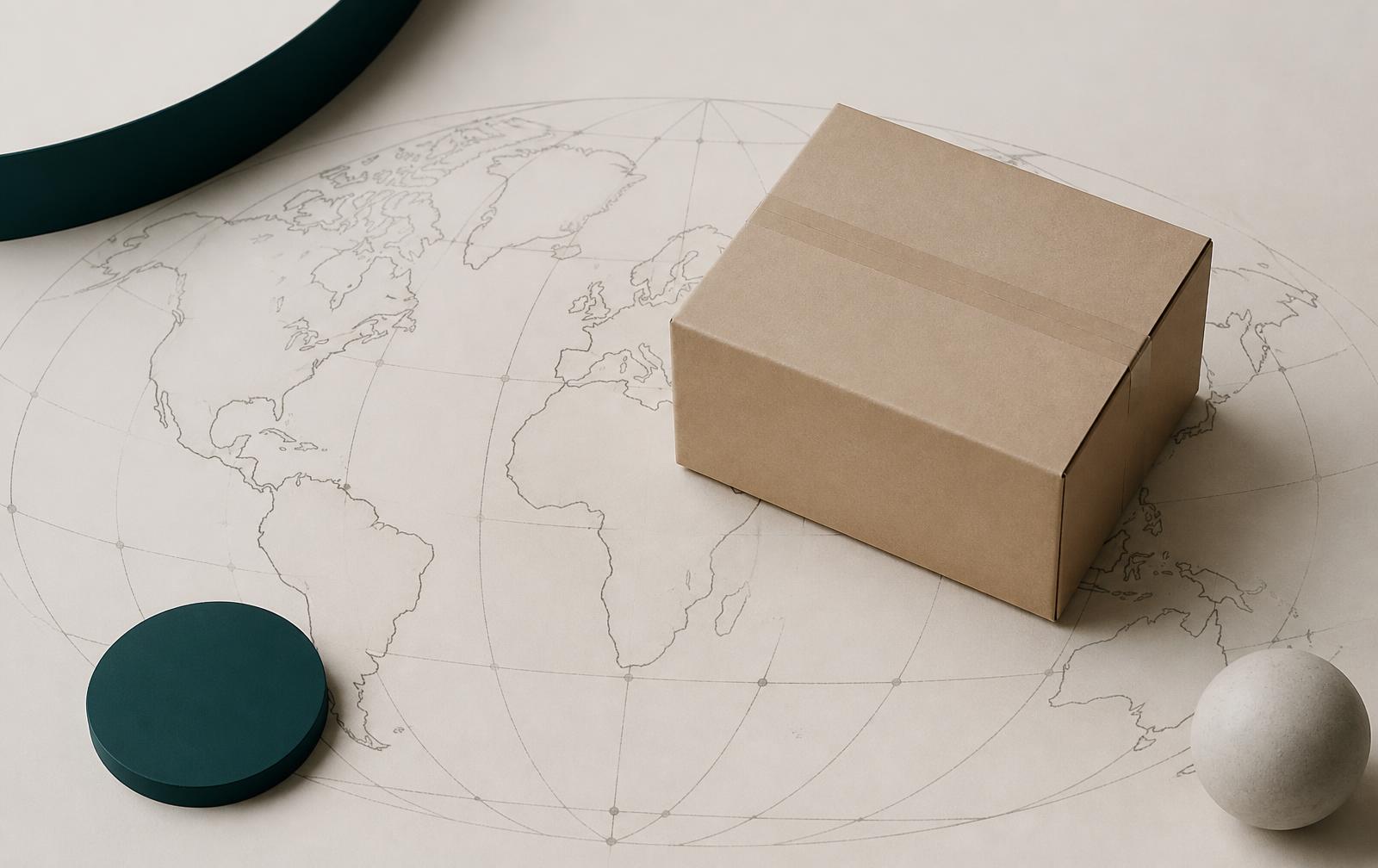 Plain shipping carton resting on a paper world map, representing international commerce